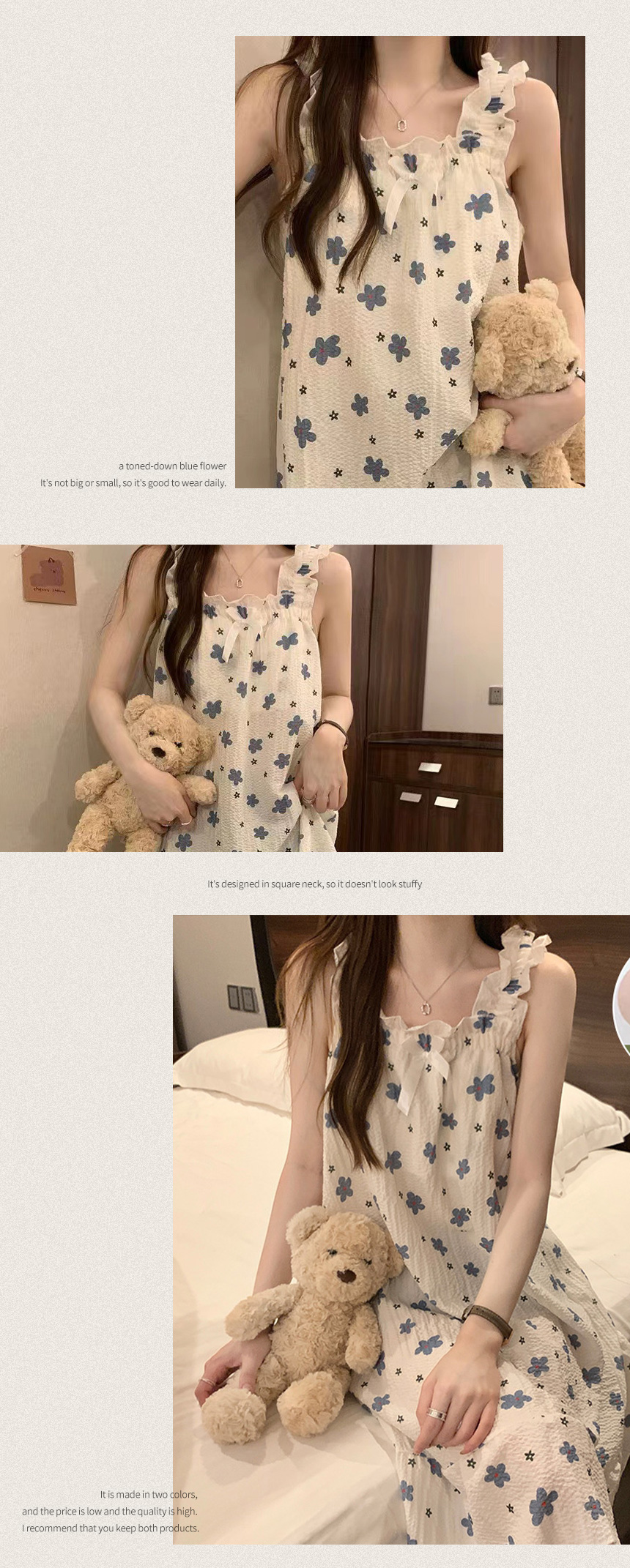 시원한 꽃무늬 나시 원피스 잠옷 여름 홈웨어 상세 이미지 3